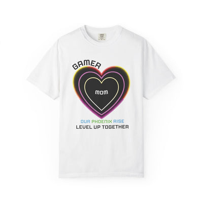 Gamer Mom TβShirt β 'Our Phoenix Rise, Level Up Together' Neon Heart Tee