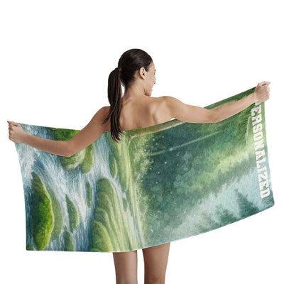 Personalized River Forest Landscape Bath Towel - Model Holding Open Towel Design | Our Phoenix Rise