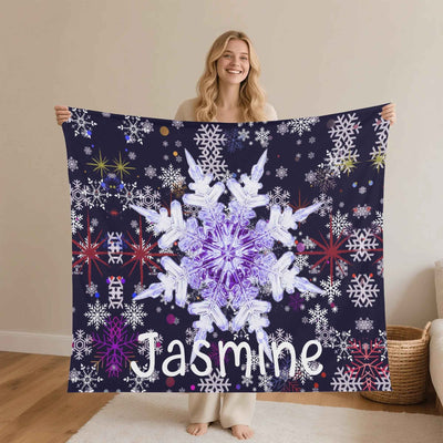 Personalized Snowflake Flannel Blanket - Woman holding blanket with "Jasmine" name | Our Phoenix Rise