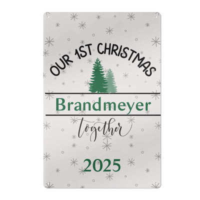 Personalized Our 1st Christmas Metal Sign - close up with snowflakes and trees | Our Phoenix Rise