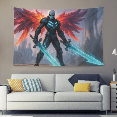 Skull Warrior Dark Fantasy Wall Tapestry - Full view over white couch in living room | Our Phoenix Rise