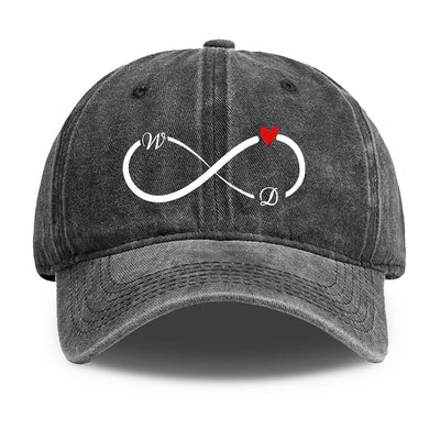 Personalized Infinity Initials Denim Baseball Cap - Black front view with W D heart design | Our Phoenix Rise