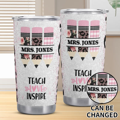 Personalized Teacher Tumbler - pink pencil design, custom name Mrs. Jones, full view | Our Phoenix Rise