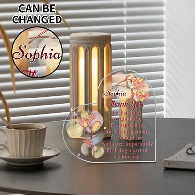 Personalized Heart Shaped Thank You Acrylic Plaque - close-up on table with personalization example | Our Phoenix Rise