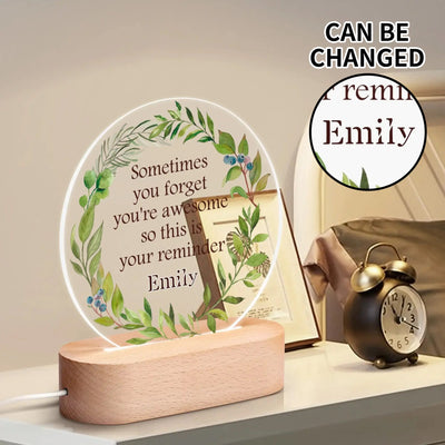 Personalized Custom Name Acrylic LED Night Light - inspirational quote and botanical wreath | Our Phoenix Rise