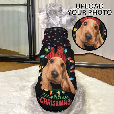 Personalized Dog Christmas Hoodie - Black with dog wearing it, front view | Our Phoenix Rise
