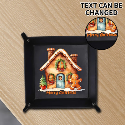 Personalized Christmas Valet Tray Gingerbread House - on wooden table with magnified design detail | Our Phoenix Rise