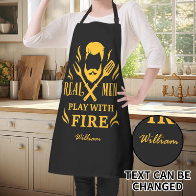 Personalized Men's Grilling Apron - Real Men Play With Fire design with custom name in kitchen | Our Phoenix Rise