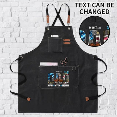 Personalized Dad Apron Man Myth Legend - Black with 'William' name closeup | Our Phoenix Rise