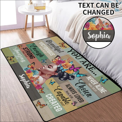 Personalized Inspirational African American Area Rug - Sophia name bedroom view | Our Phoenix Rise