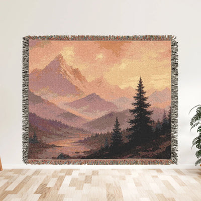 Mountain Landscape Woven Blanket | Scenic Sunset and Night Forest Throw