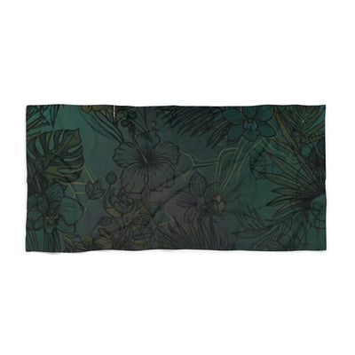 Tropical Floral Beach Towel — Dark Green Hibiscus Pattern