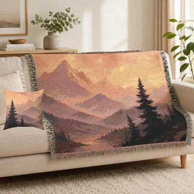 Mountain Landscape Woven Blanket | Scenic Sunset and Night Forest Throw