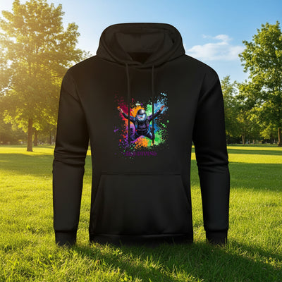 Black hoodie with colorful graphic design on a white background