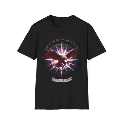 Black t-shirt with a patriotic graphic and text on a white background