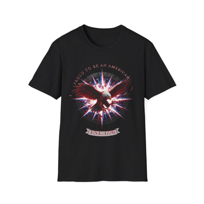Black t-shirt with a patriotic graphic and text on a white background