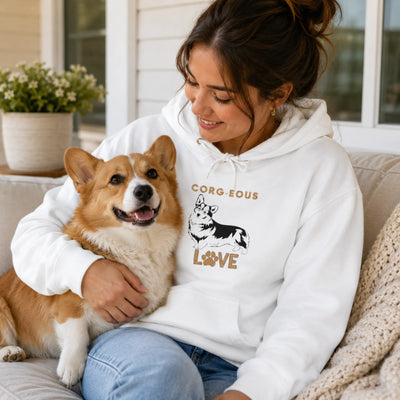 Corgi Love Graphic Hoodie - White with Woman and Corgi | Our Phoenix Rise