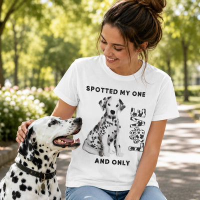 Dalmatian Dog Love T-Shirt - Woman with Dalmatian dog wearing white shirt | Our Phoenix Rise