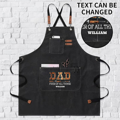 Personalized Dad Fixer Apron - black, full view, front text and pocket detail | Our Phoenix Rise