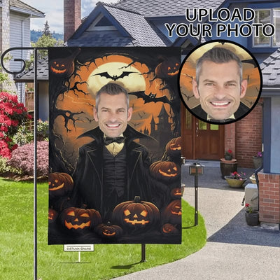 Personalized Halloween Vampire Garden Flag - Full view in front yard with upload photo graphic | Our Phoenix Rise