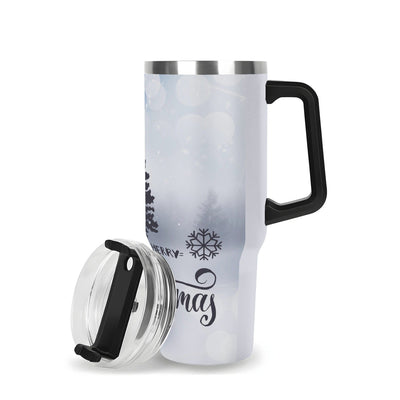 Stainless steel travel mug with handle and black lid on a white background