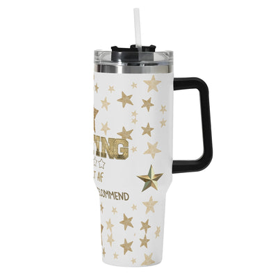 White tumbler with gold stars and text on a white background