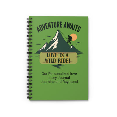 Green notebook with mountain design and text 'Adventure Awaits, Love is a Wild Ride!' on a white background