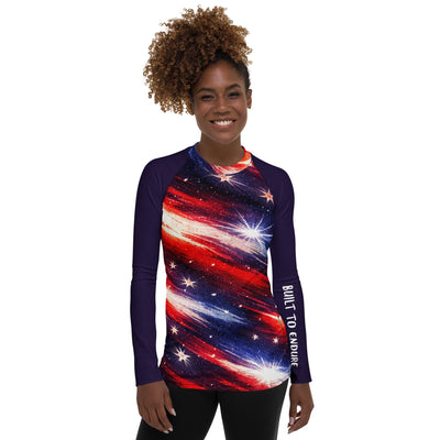 Red White Blue Star Patriotic Rash Guard Shirt - Front view with model | Our Phoenix Rise