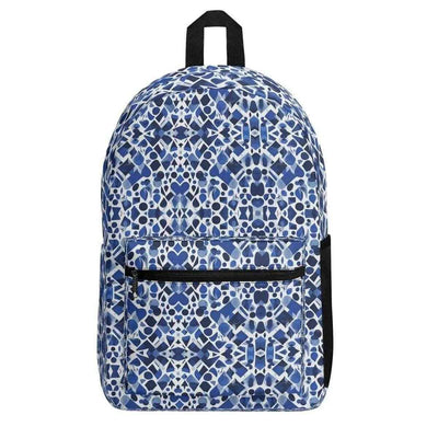 Blue Mosaic Pattern Backpack - Front view with intricate geometric design | Our Phoenix Rise