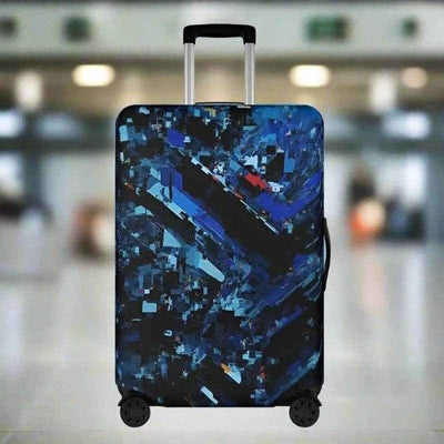 Blue Geometric Luggage Cover - Front view in airport | Our Phoenix Rise