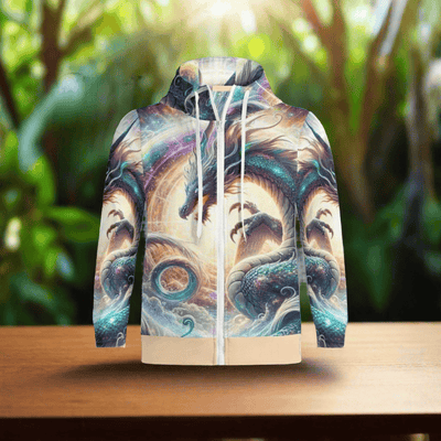 Cosmic Dragon Zip Hoodie - Front view, vibrant all-over print | Our Phoenix Rise
