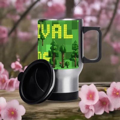 Pixelated Survival Game Insulated Travel Mug - front view, lid removed, on marble surface | Our Phoenix Rise