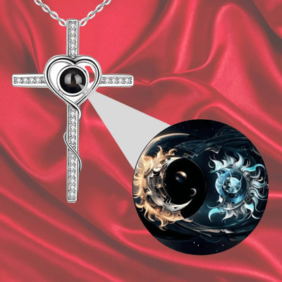 Personalized Cross Photo Projection Necklace - Silver Finish Sun Moon Detail | Our Phoenix Rise