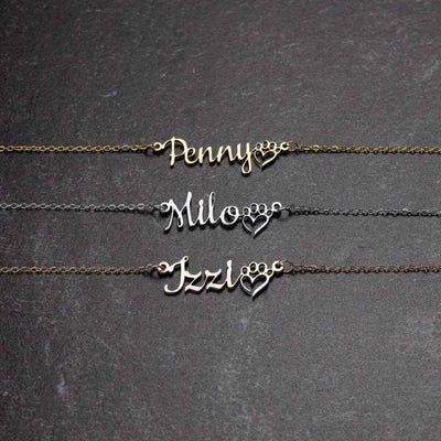 Personalized Pet Name Necklace with Paw Heart - Gold, Silver, Rose Gold group shot | Our Phoenix Rise