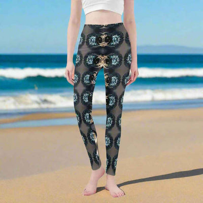 Dragon Print Leggings - Front view on beach | Our Phoenix Rise