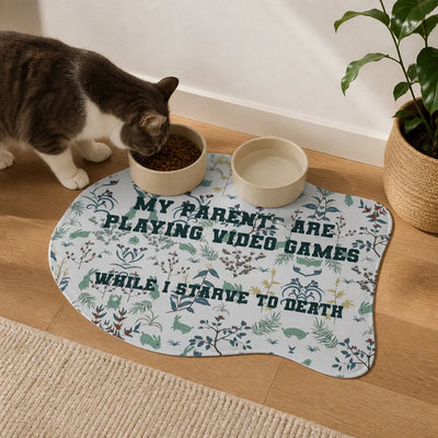Funny Gamer Pet Food Mat - Lifestyle view in modern kitchen | Our Phoenix Rise