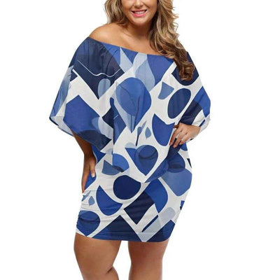 Blue Abstract Off Shoulder Mini Dress - Plus size model front view | Our Phoenix Rise