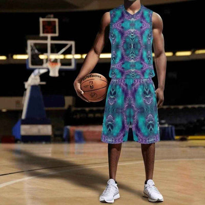 Men's Abstract Basketball Jersey Shorts Set - model on court with basketball | Our Phoenix Rise
