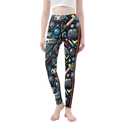 Retro Gaming Leggings Pixel Art - Black front view on model | Our Phoenix Rise