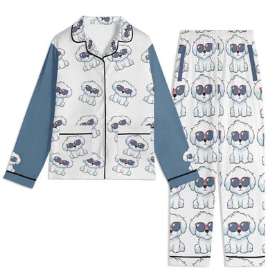 Personalized Photo Pajamas Set - White with blue sleeves, dog in sunglasses print, front view | Our Phoenix Rise