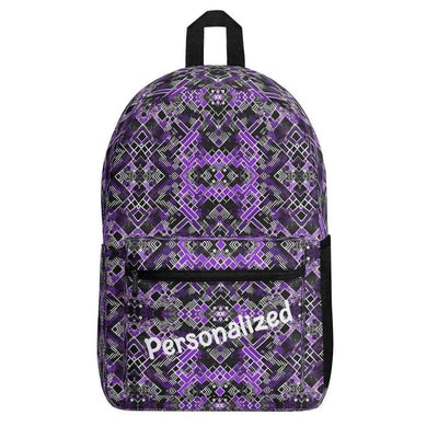 Personalized Purple Glitch Art Backpack - Front view with 'Personalized' text | Our Phoenix Rise