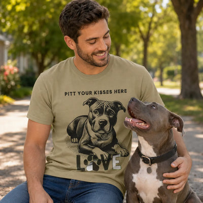 Pitt Your Kisses Pitbull T-Shirt - Khaki worn by man with dog | Our Phoenix Rise