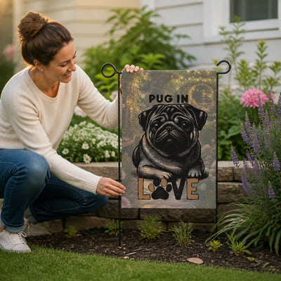 Pug Love Garden Flag - close up of flag gently waving in an outdoor scene | Our Phoenix Rise