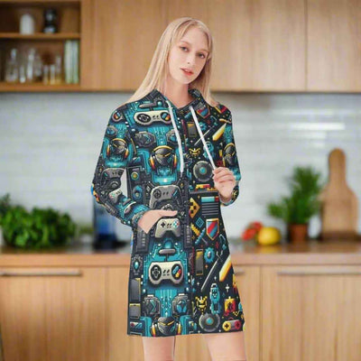 Gamer Girl Hoodie Dress - Front View with Gaming Controller Pattern | Our Phoenix Rise