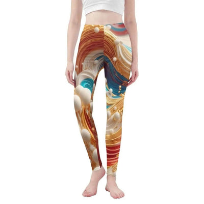 Beige Swirl Print Leggings Fluid Art Yoga Gaming Tights Main Perspective | Our Phoenix Rise