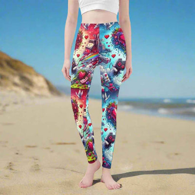 Gamer Heart Print Leggings Multi-Color - Full View on Beach | Our Phoenix Rise