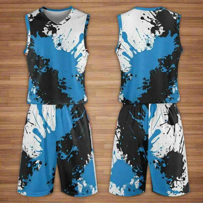 Blue Black Paint Splatter Basketball Jersey Set - Front Back View | Our Phoenix Rise