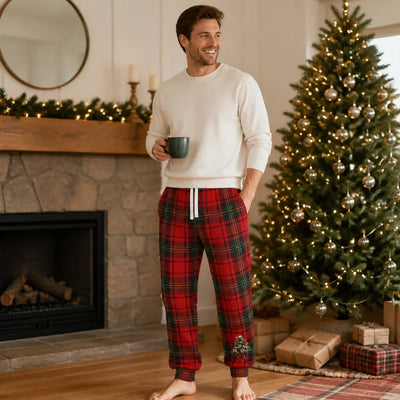 Ugly Christmas Plaid Joggers - Red Tartan Human Mockup with Hands in Pockets | Our Phoenix Rise