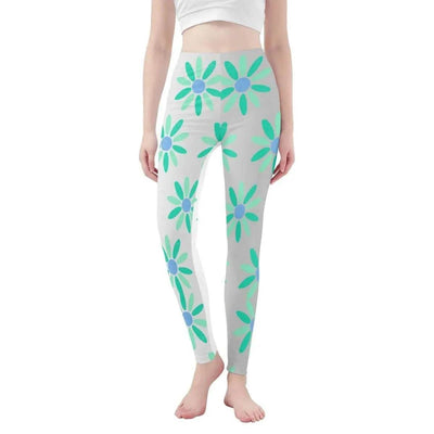 Teal Daisy Print Leggings | Calming Yoga and Gaming Tights - Iron Phoenix GHG