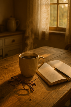 Steaming mug of Vitality Blend superfood coffee on a rustic wooden table next to reading glasses and an open nutrition planner journal in a sunlit room.
